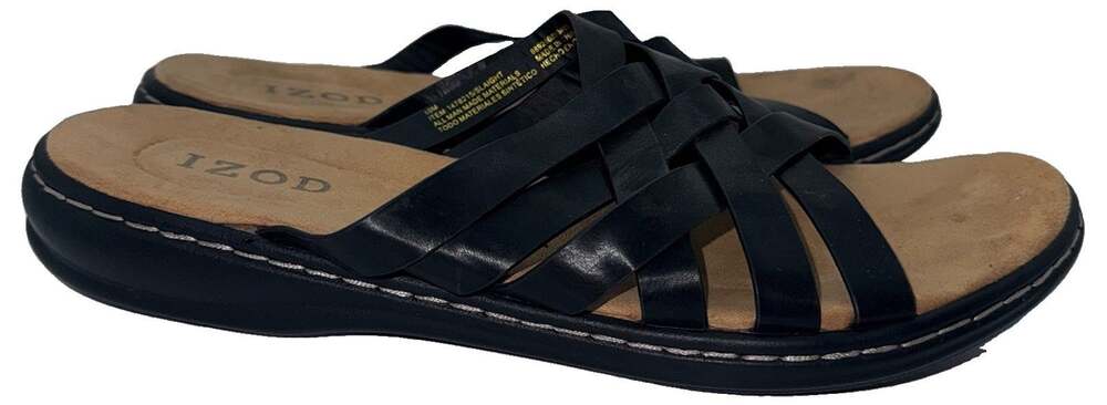 IZOD Black Strappy Faux Leather Slip-On Sandals Solid Women’s US 10